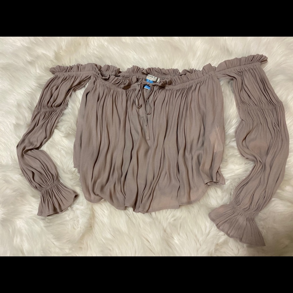Taupe off the shoulder sheer crop top